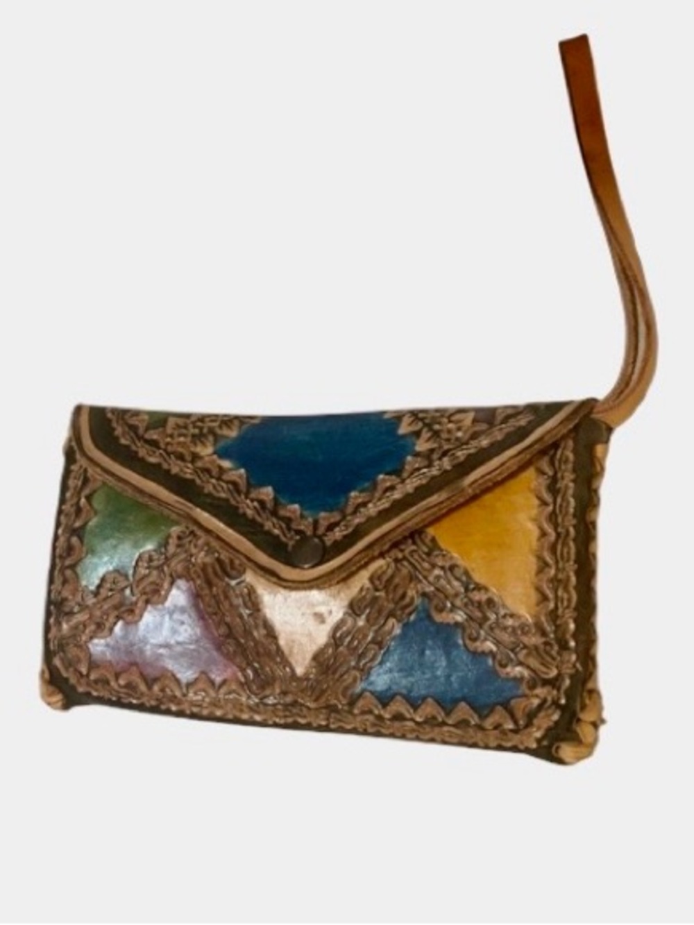 Handcrafted Multicolor Patchwork Pattern Tooled Leather Wristlet Clutch
